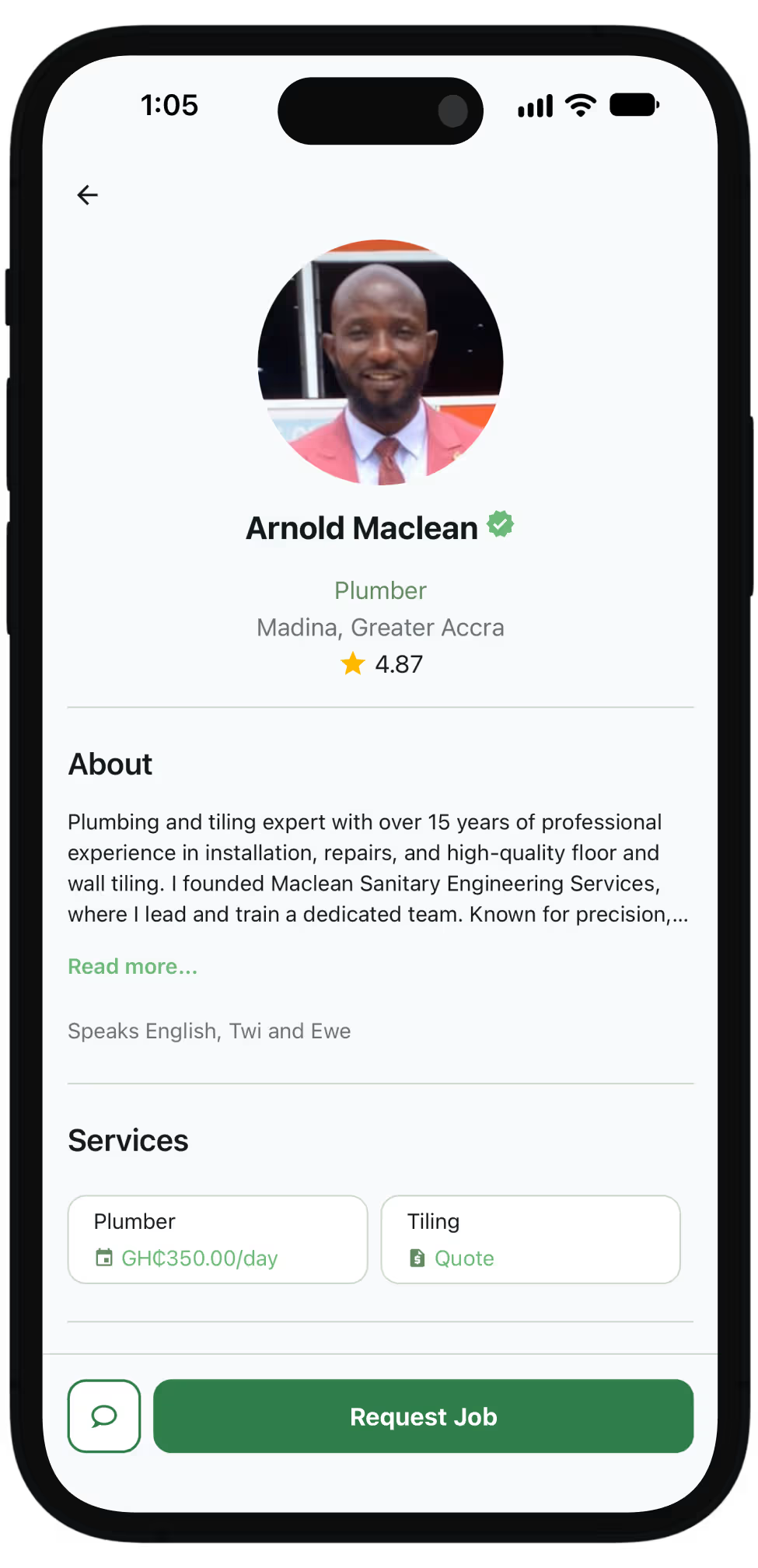 An artisan's profile in the JumaLink app on an iPhone: a tiler in Accra with her rating, services, and prices, a message button, and a Request Job button